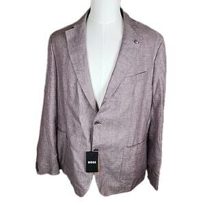 Hugo Boss Mens Blazer Size 48R Summer Linen Wool Blend Light Brown Micro Check